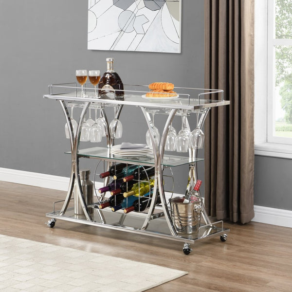 English Elm Contemporary Chrome Bar Cart with Glass Shelves Wine Rack and Rolling Casters GHNDT-BCT1003A