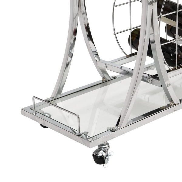 English Elm Contemporary Chrome Bar Cart with Glass Shelves Wine Rack and Rolling Casters GHNDT-BCT1003A