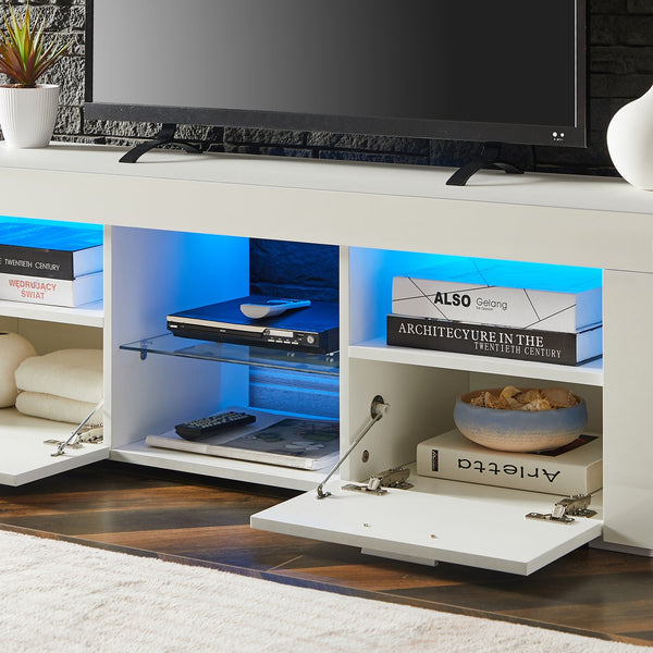 English Elm White Modern TV Stand with 16-Color LED Bloom Panels, High-Gloss UV Finish, Stylish Storage for Living Spaces W67936012