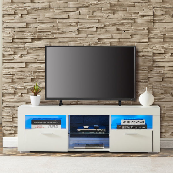 English Elm White Modern TV Stand with 16-Color LED Bloom Panels, High-Gloss UV Finish, Stylish Storage for Living Spaces W67936012