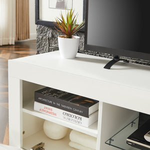 English Elm White Modern TV Stand with 16-Color LED Bloom Panels, High-Gloss UV Finish, Stylish Storage for Living Spaces W67936012