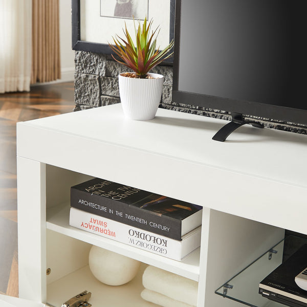 English Elm White Modern TV Stand with 16-Color LED Bloom Panels, High-Gloss UV Finish, Stylish Storage for Living Spaces W67936012