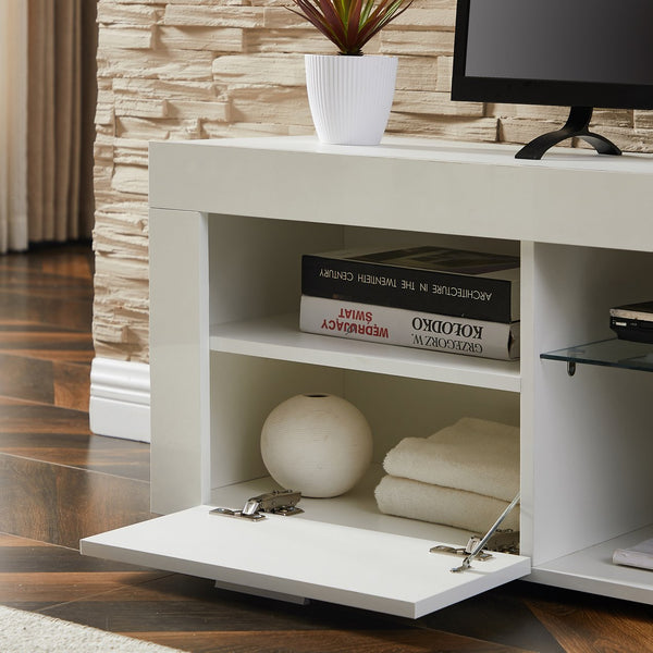 English Elm White Modern TV Stand with 16-Color LED Bloom Panels, High-Gloss UV Finish, Stylish Storage for Living Spaces W67936012