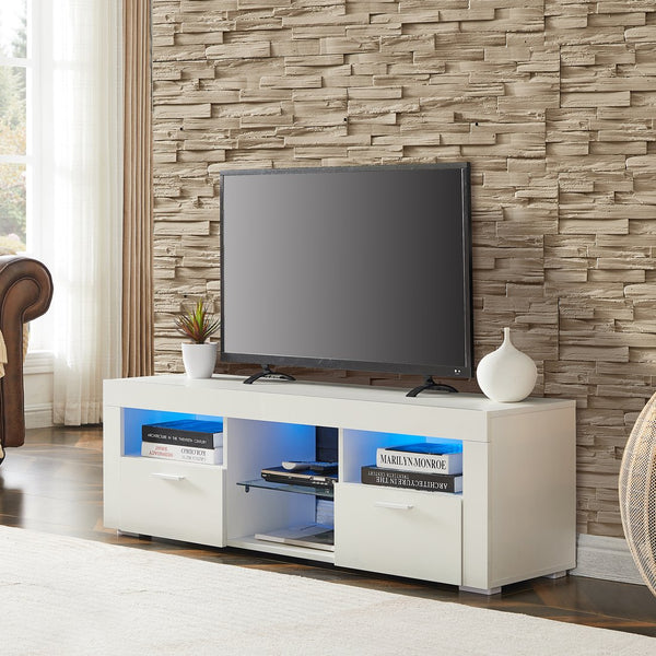 English Elm White Modern TV Stand with 16-Color LED Bloom Panels, High-Gloss UV Finish, Stylish Storage for Living Spaces W67936012