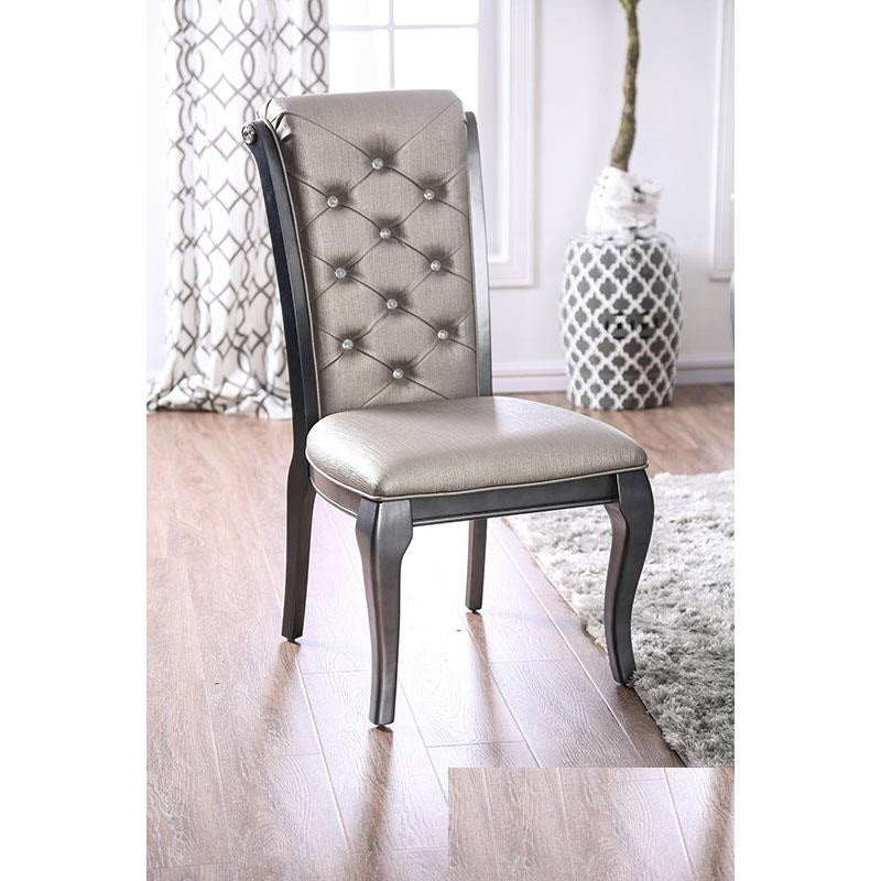 English Elm Amina Gray Transitional Dining Chairs Set of 2 - Button Tufted Leatherette, Scrolled Back Accent Seats CM3219GY-SC