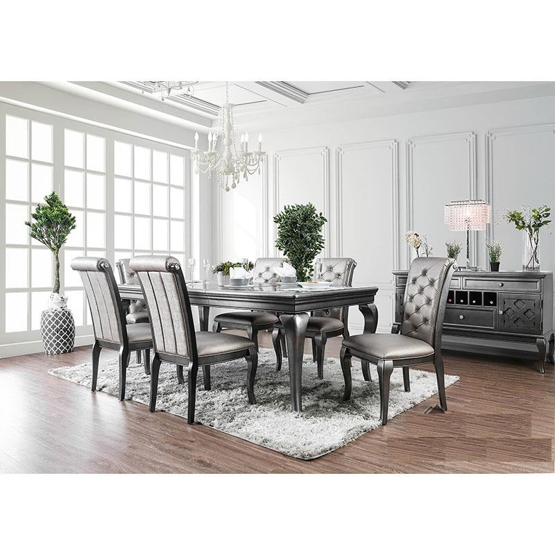 English Elm Amina Gray Transitional Dining Chairs Set of 2 - Button Tufted Leatherette, Scrolled Back Accent Seats CM3219GY-SC