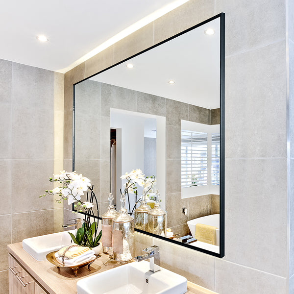 English Elm 36x24 Contemporary Black Mirror with Aluminum Frame, Explosion-Proof Glass, Vertical or Horizontal Mounting for Bathroom Bedroom Entryway Decor W70837198