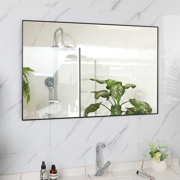 English Elm 36x24 Contemporary Black Mirror with Aluminum Frame, Explosion-Proof Glass, Vertical or Horizontal Mounting for Bathroom Bedroom Entryway Decor W70837198