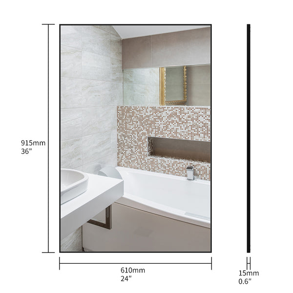 English Elm 36x24 Contemporary Black Mirror with Aluminum Frame, Explosion-Proof Glass, Vertical or Horizontal Mounting for Bathroom Bedroom Entryway Decor W70837198