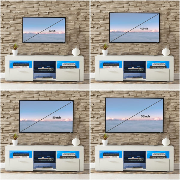 English Elm White Modern TV Stand with 16-Color LED Bloom Panels, High-Gloss UV Finish, Stylish Storage for Living Spaces W67936012