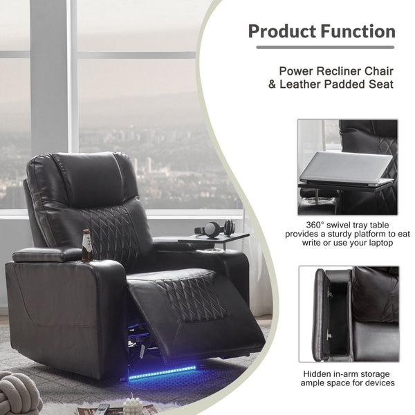 English Elm Power Recliner with Swivel Tray Table Hidden Storage Usb Port Pu Leather Chair SG000630ABB