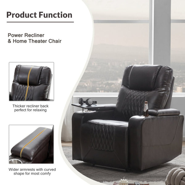English Elm Power Recliner with Swivel Tray Table Hidden Storage Usb Port Pu Leather Chair SG000630ABB