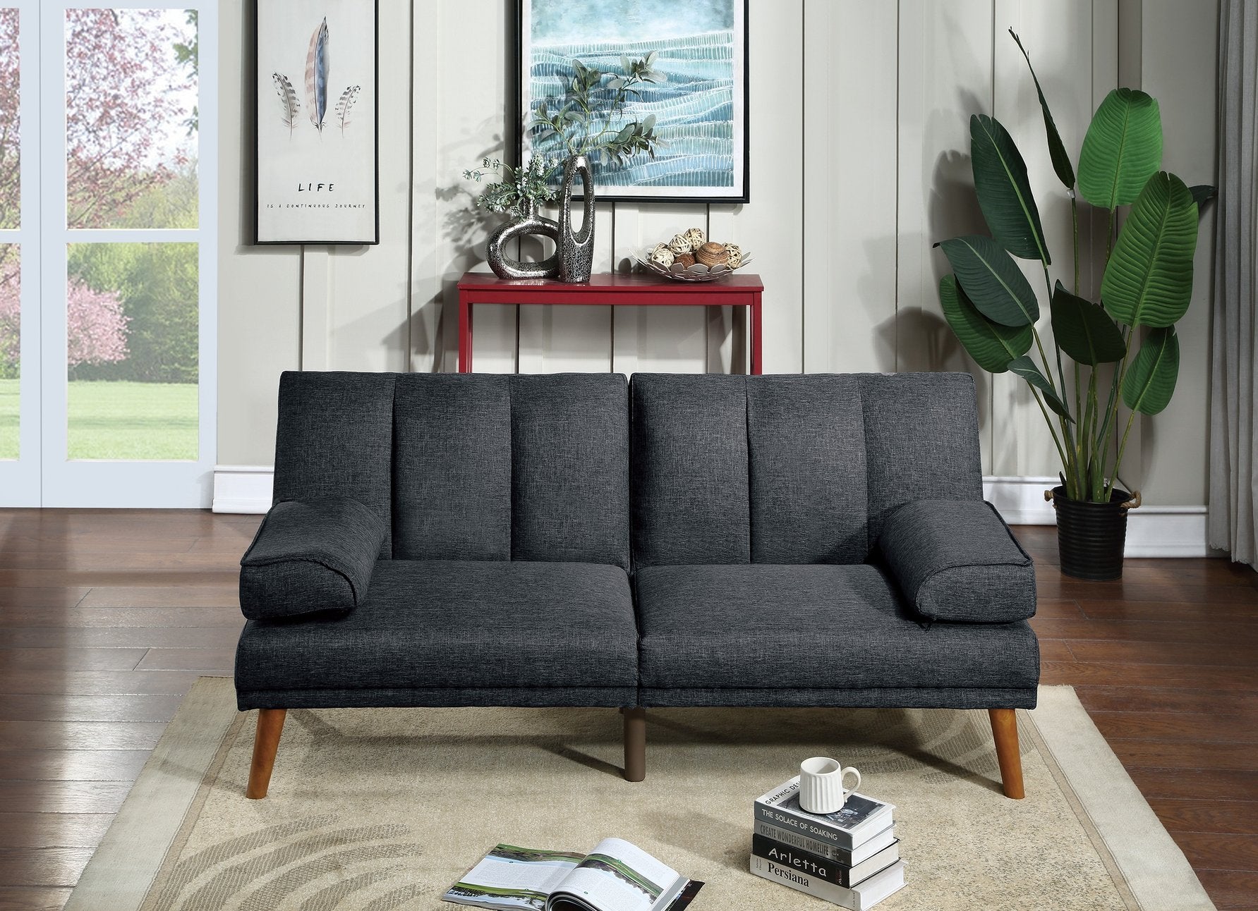 English Elm Black Adjustable Sofa Bed With Solid Wood Legs - Stylish Polyfiber Couch For Modern Living Spaces HS00F8513-ID-AHD