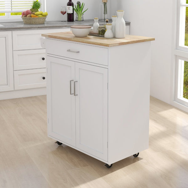 English Elm Kitchen Rolling Island Cart with Rubberwood Top Locking Casters and Built-in Towel Rack W28235386