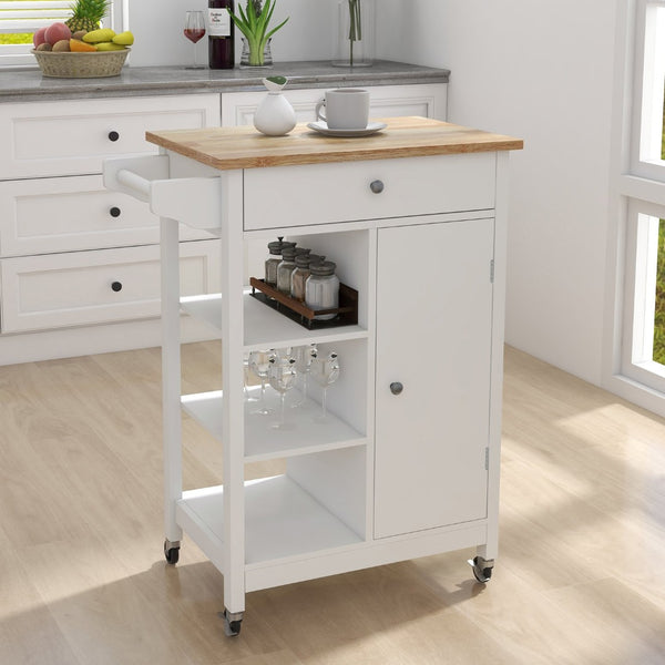 English Elm Kitchen Rolling Island Cart with Rubberwood Top Locking Casters and Built-in Towel Rack W28235382
