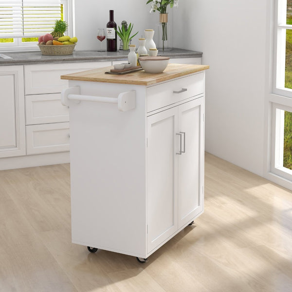 English Elm Kitchen Rolling Island Cart with Rubberwood Top Locking Casters and Built-in Towel Rack W28235386