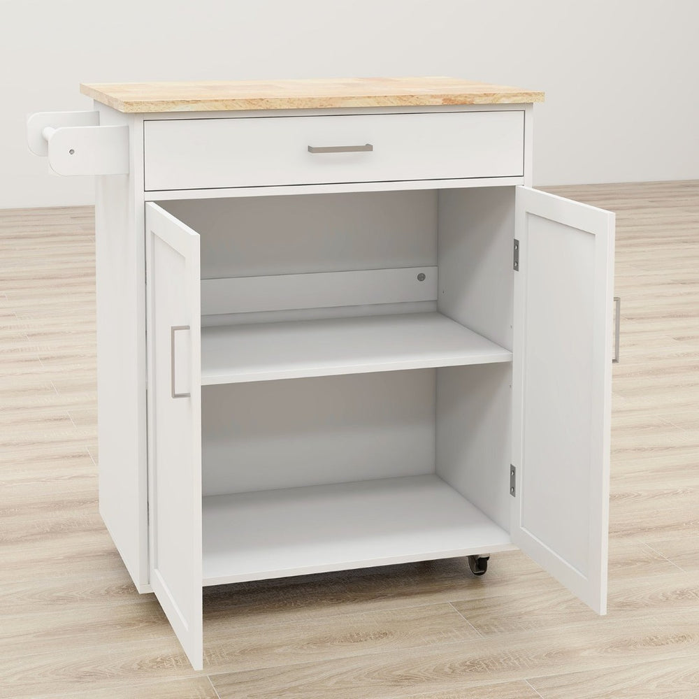 English Elm Kitchen Rolling Island Cart with Rubberwood Top Locking Casters and Built-in Towel Rack W28235386