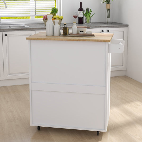 English Elm Kitchen Rolling Island Cart with Rubberwood Top Locking Casters and Built-in Towel Rack W28235386