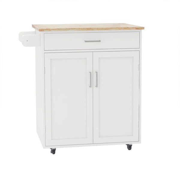 English Elm Kitchen Rolling Island Cart with Rubberwood Top Locking Casters and Built-in Towel Rack W28235386