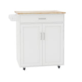 Rolling Kitchen Island with Towel Rack and Rubber Wood Table Top, White