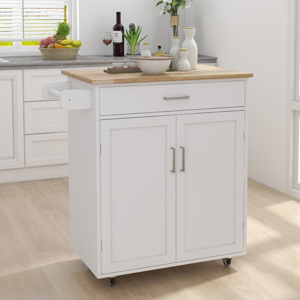 English Elm Kitchen Rolling Island Cart with Rubberwood Top Locking Casters and Built-in Towel Rack W28235386