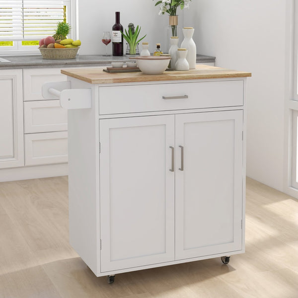 English Elm Kitchen Rolling Island Cart with Rubberwood Top Locking Casters and Built-in Towel Rack W28235386