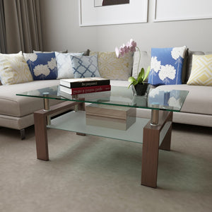 English Elm Rectangle Two Tier Tempered Glass Coffee Table Modern Iron Frame Living Room Accent Walnut W241P367357