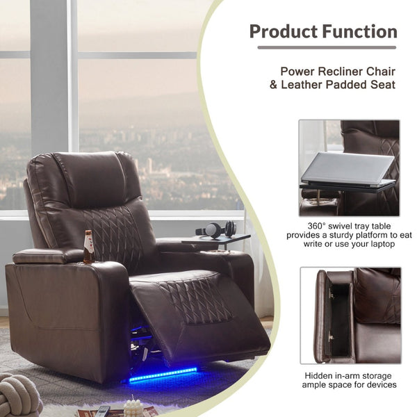 English Elm Power Recliner with Swivel Tray Table Hidden Storage Usb Port Pu Leather Chair SG000630ADD