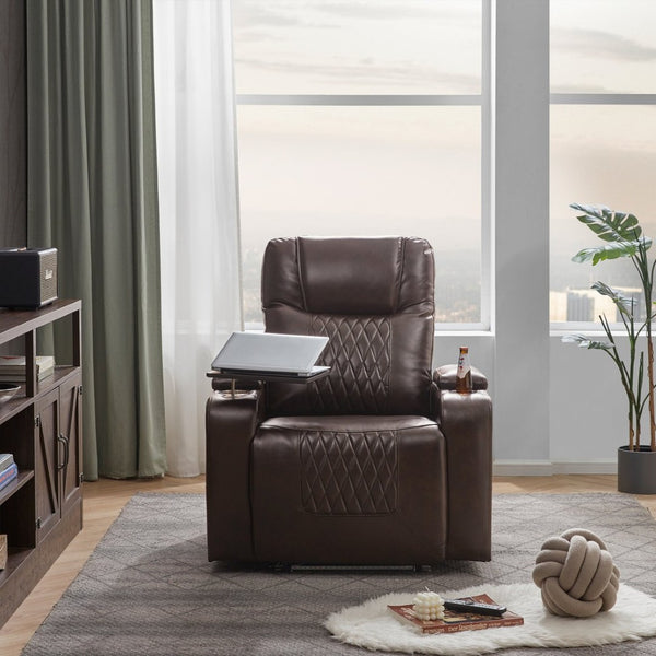 English Elm Power Recliner with Swivel Tray Table Hidden Storage Usb Port Pu Leather Chair SG000630ADD