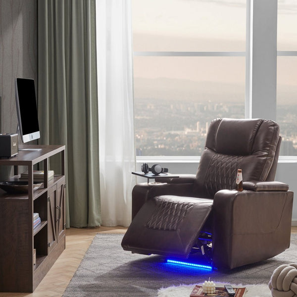 English Elm Power Recliner with Swivel Tray Table Hidden Storage Usb Port Pu Leather Chair SG000630ADD
