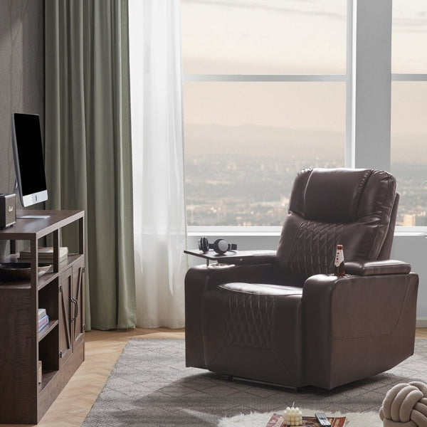 English Elm Power Recliner with Swivel Tray Table Hidden Storage Usb Port Pu Leather Chair SG000630ADD