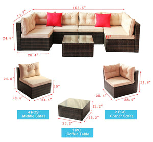 English Elm Patio 7-Piece PE Rattan Sectional Sofa Set with Tempered Glass Table, Shallow Brown Cushions, UV-Resistant Upholstery W209S00009