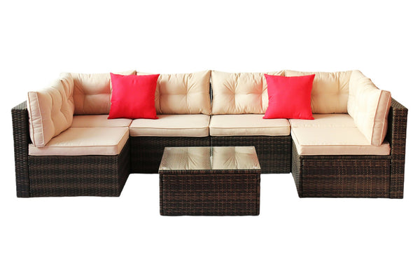 English Elm Patio 7-Piece PE Rattan Sectional Sofa Set with Tempered Glass Table, Shallow Brown Cushions, UV-Resistant Upholstery W209S00009
