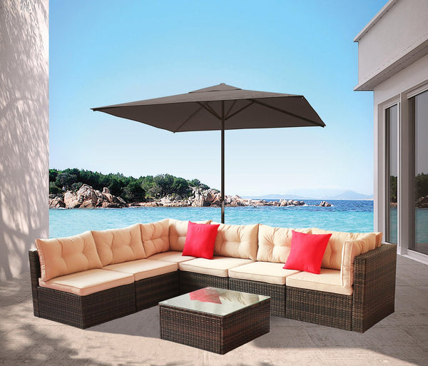 English Elm Patio 7-Piece PE Rattan Sectional Sofa Set with Tempered Glass Table, Shallow Brown Cushions, UV-Resistant Upholstery W209S00009