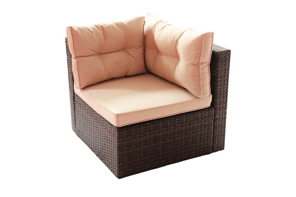 English Elm Patio 7-Piece PE Rattan Sectional Sofa Set with Tempered Glass Table, Shallow Brown Cushions, UV-Resistant Upholstery W209S00009