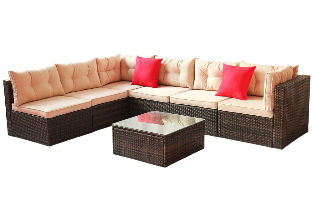 English Elm Patio 7-Piece PE Rattan Sectional Sofa Set with Tempered Glass Table, Shallow Brown Cushions, UV-Resistant Upholstery W209S00009