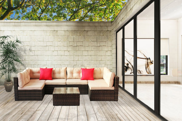 English Elm Patio 7-Piece PE Rattan Sectional Sofa Set with Tempered Glass Table, Shallow Brown Cushions, UV-Resistant Upholstery W209S00009