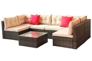 English Elm Patio 7-Piece PE Rattan Sectional Sofa Set with Tempered Glass Table, Shallow Brown Cushions, UV-Resistant Upholstery W209S00009