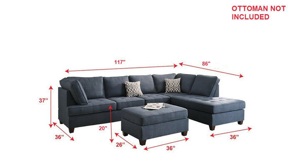 English Elm 2pc Dark Blue Dorris Fabric Sectional Sofa with Reversible Chaise, Tufted Seats, Pillows & Solid Wood Legs HS00F6989-ID-AHD