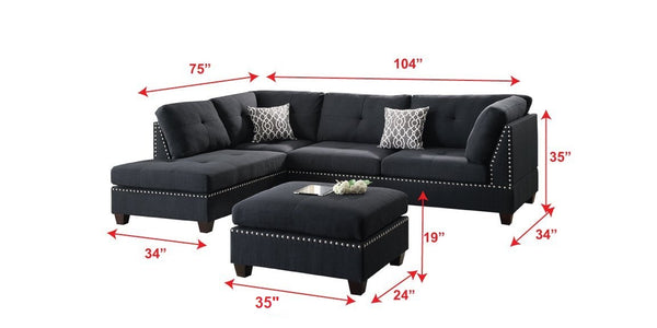 English Elm 3-pcs Reversible Sectional Sofa Set with Ottoman, Bonded Leather or Linen-Look, Oversized Cushions Spacious Comfort F6974-ID-AHD