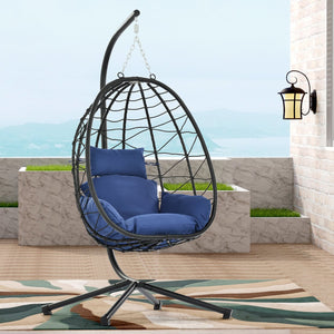 English Elm Egg Modern Rattan Hanging Swing Chair with Stand - All-Weather PE Wicker Egg Seat for Patio Comfort Navy Blue W87437581