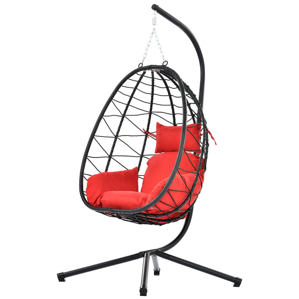 English Elm Egg Modern Rattan Hanging Swing Chair with Stand - All-Weather PE Wicker Egg Seat for Patio Comfort Red W87437580