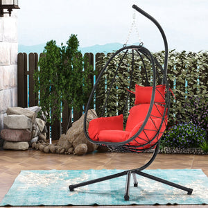 English Elm Egg Modern Rattan Hanging Swing Chair with Stand - All-Weather PE Wicker Egg Seat for Patio Comfort Red W87437580