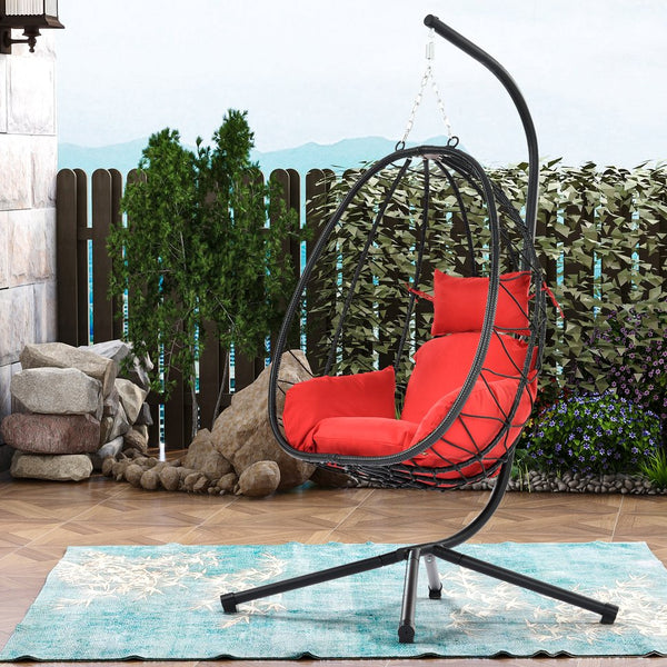 English Elm Egg Modern Rattan Hanging Swing Chair with Stand - All-Weather PE Wicker Egg Seat for Patio Comfort Red W87437580