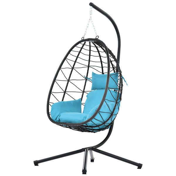 English Elm Egg Modern Rattan Hanging Swing Chair with Stand - Black PE Wicker, Light Blue Cushion, 350lb Load, Indoor Outdoor Relaxation W87437579
