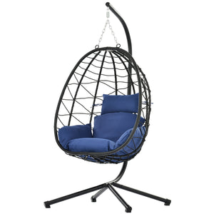 English Elm Egg Modern Rattan Hanging Swing Chair with Stand - All-Weather PE Wicker Egg Seat for Patio Comfort Navy Blue W87437581