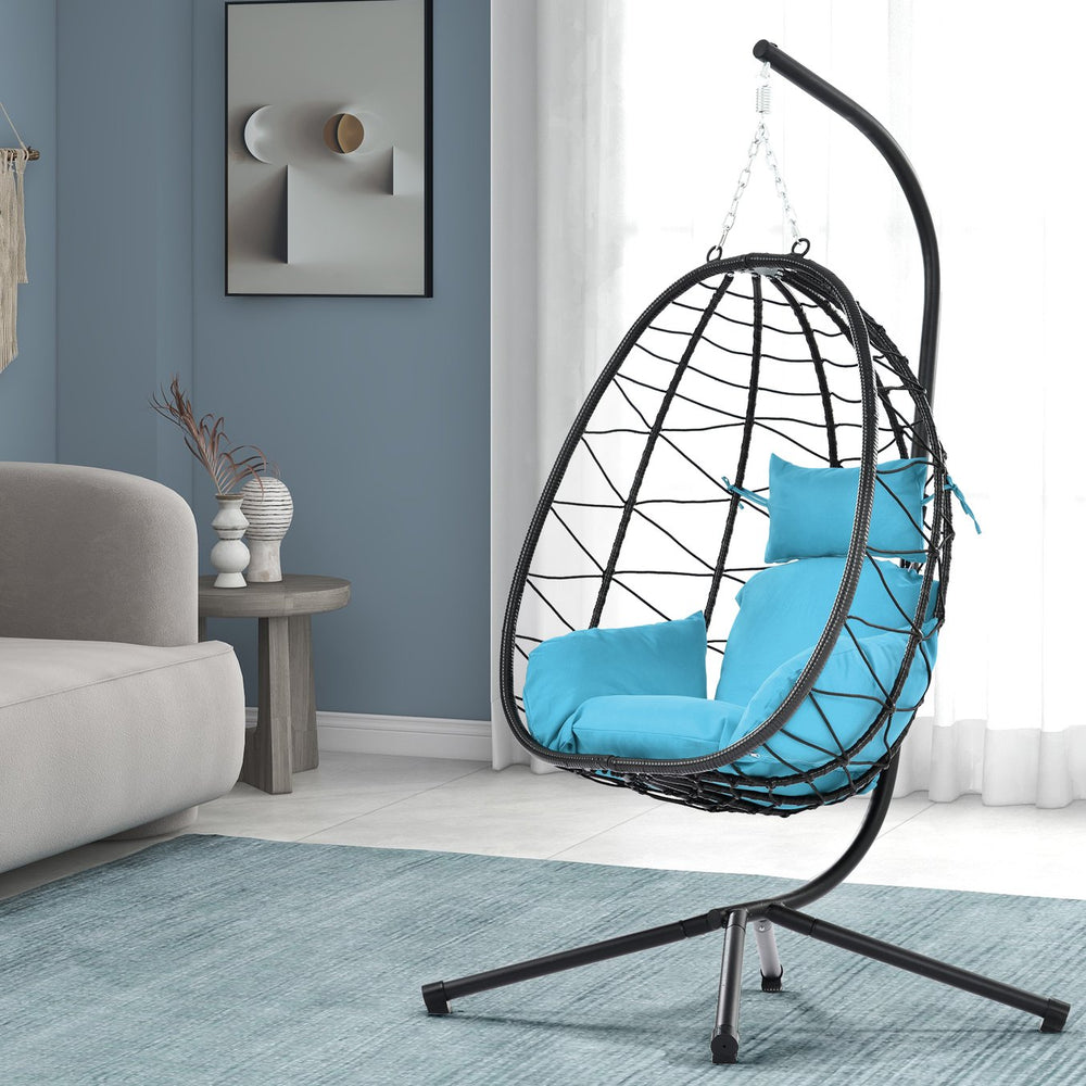 English Elm Egg Modern Rattan Hanging Swing Chair with Stand - Black PE Wicker, Light Blue Cushion, 350lb Load, Indoor Outdoor Relaxation W87437579