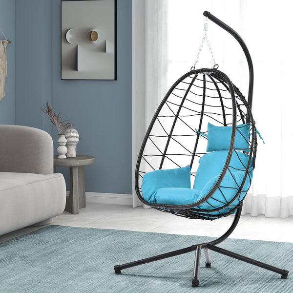 English Elm Egg Modern Rattan Hanging Swing Chair with Stand - Black PE Wicker, Light Blue Cushion, 350lb Load, Indoor Outdoor Relaxation W87437579