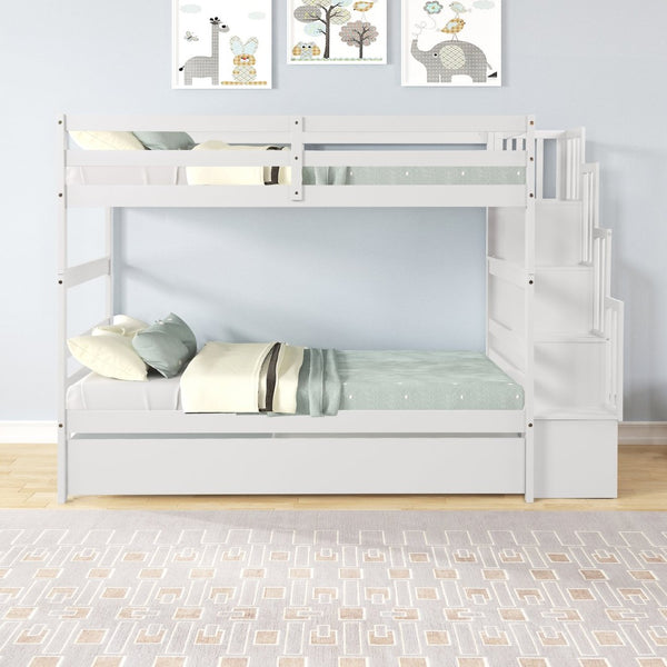 English Elm Twin Over Bunk Bed with Trundle Staircase Storage Steps White Pine Frame W697S00011
