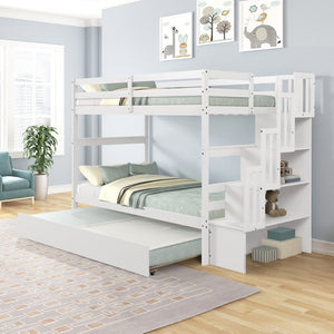English Elm Twin Over Bunk Bed with Trundle Staircase Storage Steps White Pine Frame W697S00011